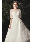 Illusion Round Neck Aline Wedding Dress with Appliques Bling