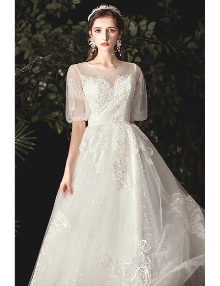 Illusion Round Neck Aline Wedding Dress with Appliques Bling