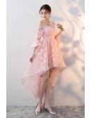 Gorgeous Pink High Low Homecoming Prom Dress with Flower Lace Off Shoulder