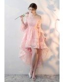 Gorgeous Pink High Low Homecoming Prom Dress with Flower Lace Off Shoulder