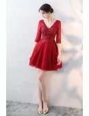 Gorgeous Vneck Burgundy Lace Short Homecoming Dress with Half Sleeves