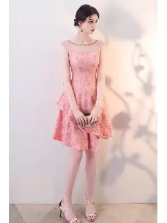 Lovely Pink Tiered Homecoming Party Dress with Sheer Neckline