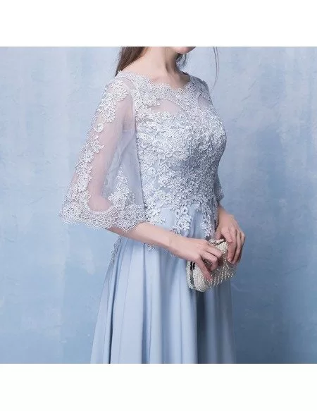 Slim Long Blue Aline Formal Party Dress with Appliques Sleeves