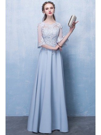 Slim Long Blue Aline Formal Party Dress with Appliques Sleeves