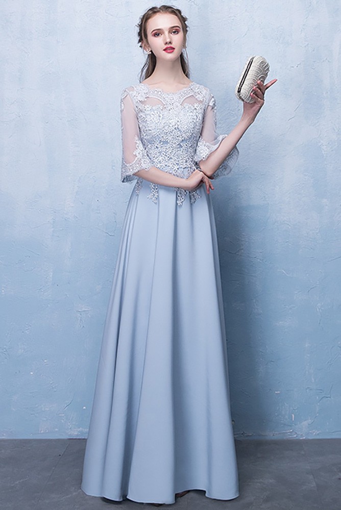 Slim Long Blue Aline Formal Party Dress with Appliques Sleeves G79077 ...