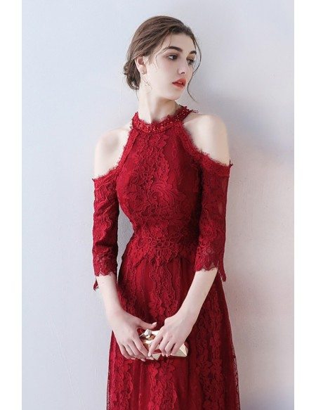 Elegant Long Lace Prom Party Dress with Cold Shoulder Sleeves
