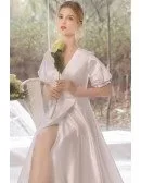 Vneck Short Sleeved Satin Wedding Reception Dress with Front Slit Beadings