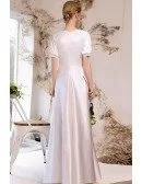Vneck Short Sleeved Satin Wedding Reception Dress with Front Slit Beadings