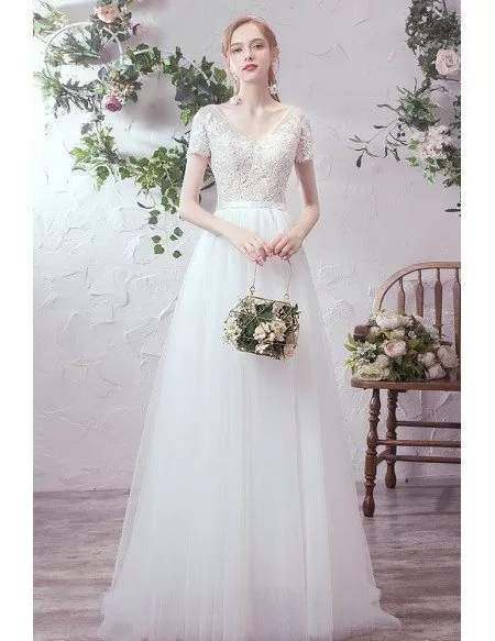 Flowy Tulle Vneck Lace Short Sleeved Aline Wedding Party Dress