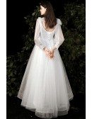 Sequined Tulle Long Wedding Dress Long Sleeved with Collar