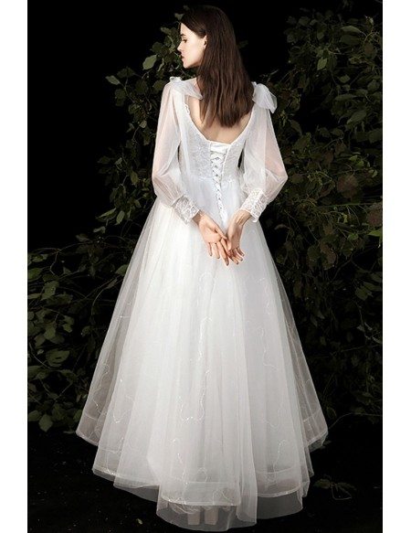 Sequined Tulle Long Wedding Dress Long Sleeved with Collar