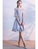 Modest Grey Lace Short Homecoming Party Dress with Sheer Sleeves