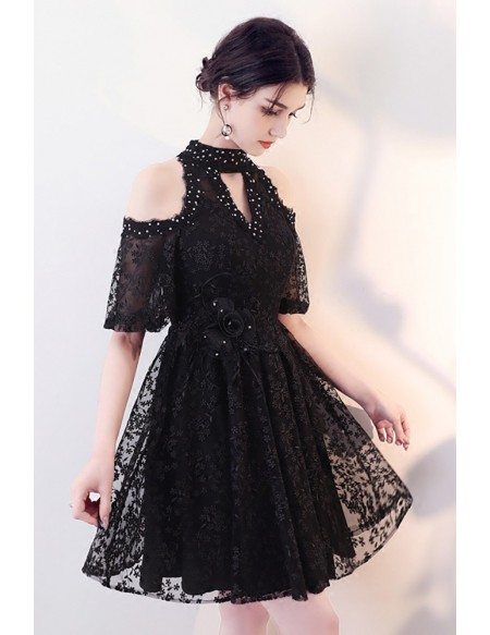 Little Black Lace Short Halter Homecoming Dress with Beadings