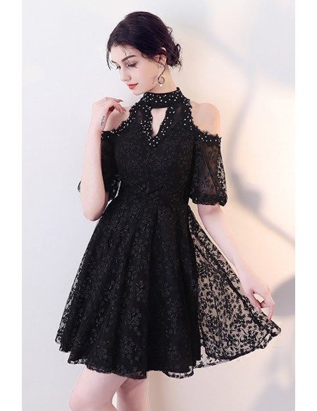 Little Black Lace Short Halter Homecoming Dress with Beadings G80053 ...