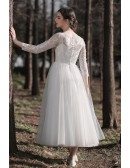 Tea Length Tulle Retro Wedding Dress with Sequined Lace Sleeves