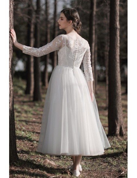 Tea Length Tulle Retro Wedding Dress with Sequined Lace Sleeves