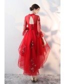 Red Tulle High Low Homecoming Prom Dress Beaded with Sheer Sleeves