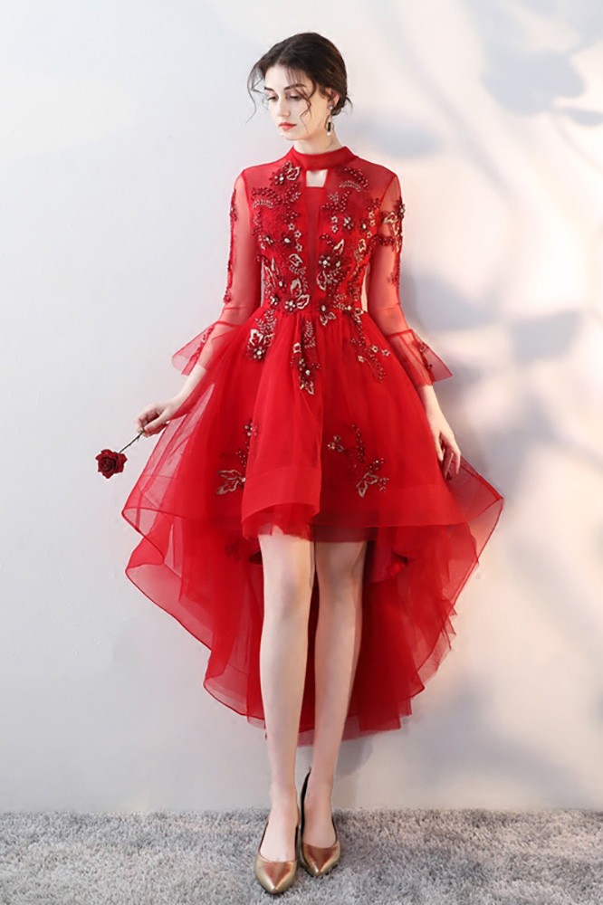 Modest High Low High Neckline Tulle Red Prom Dresses cc1160 main image 1