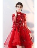 Red Tulle High Low Homecoming Prom Dress Beaded with Sheer Sleeves