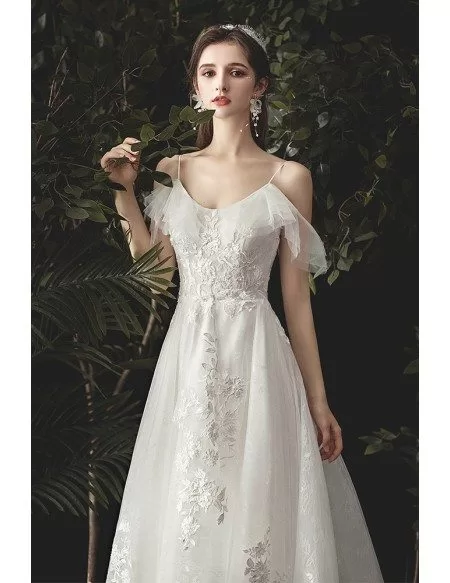 Beautiful Applique Lace Fairytale Wedding Dress with Spaghetti Straps