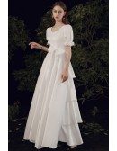 Modest Square Neck Long Wedding Dress Aline with Short Sleeves Bow Knots