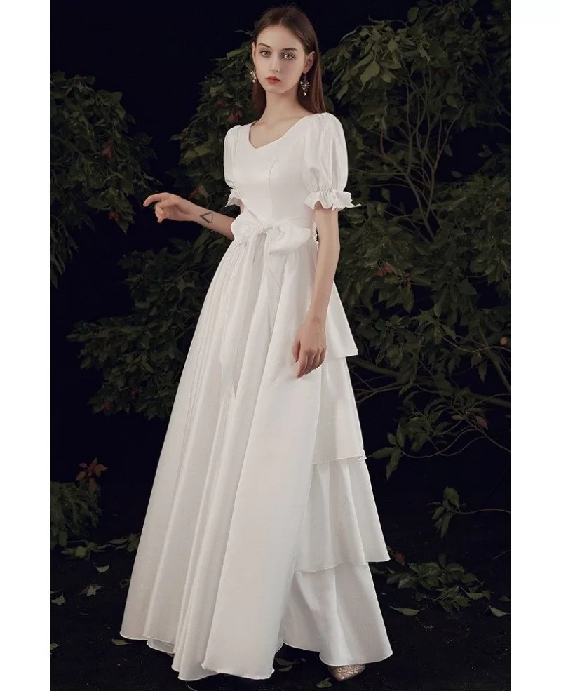 Modest Square Neck Long Wedding Dress Aline with Short Sleeves Bow ...