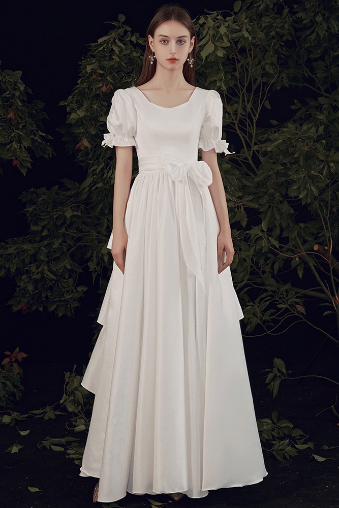 Modest Square Neck Long Wedding Dress Aline with Short Sleeves Bow ...