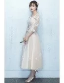 Champagne Modest Tea Length Party Dress with Appliques Lace Sleeves