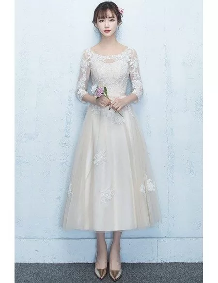 Champagne Modest Tea Length Party Dress with Appliques Lace Sleeves