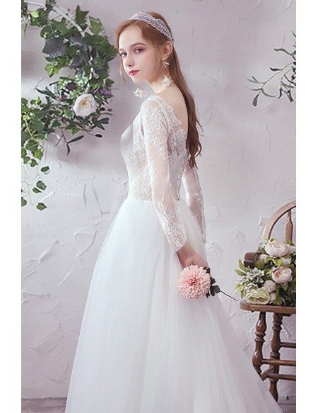 Vneck Long Sleeved Lace Long Tulle Wedding Dress with Laceup