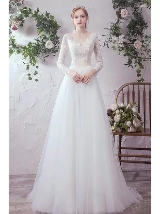 Vneck Long Sleeved Lace Long Tulle Wedding Dress with Laceup