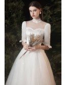Classy Lace Collar Retro Wedding Dress Half Sleeved with Bling