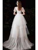 Beautiful Tulle Long Wedding Dress Beaded with Bubble Sleeves