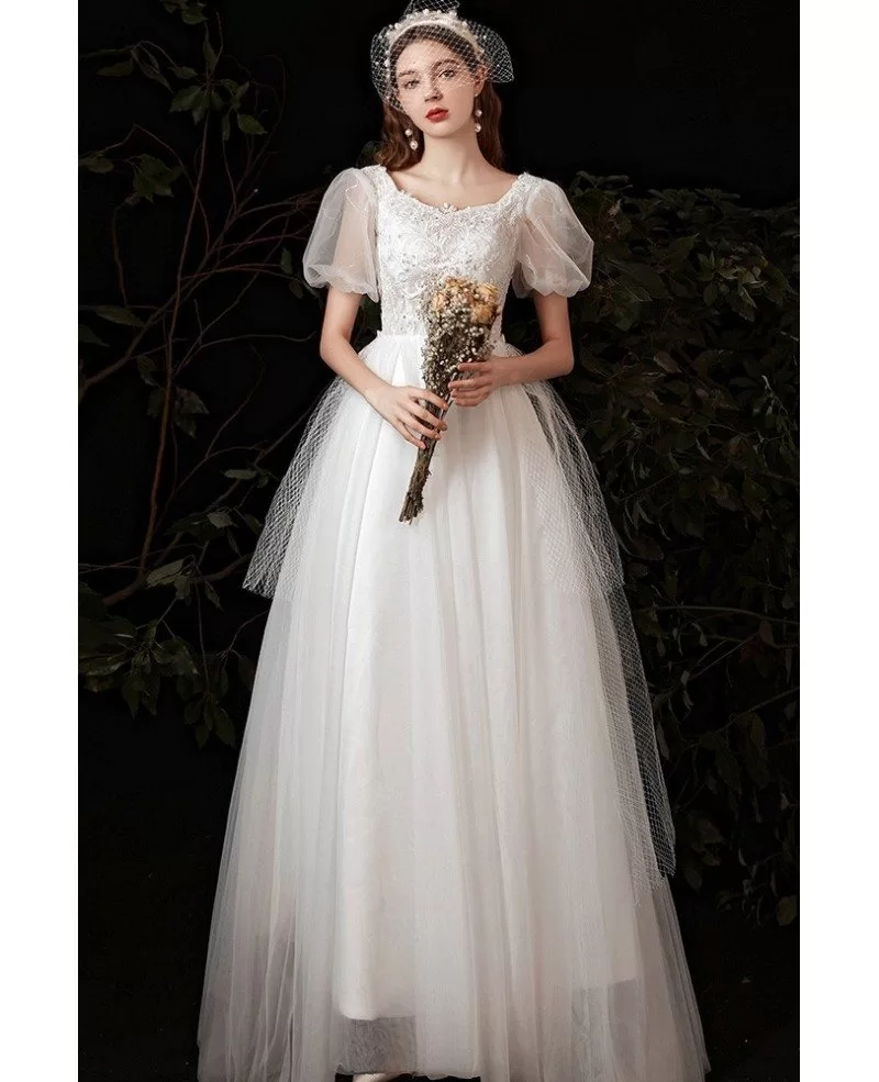 Beautiful Tulle Long Wedding Dress Beaded with Bubble Sleeves G78016 ...