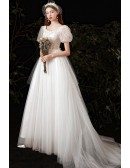 Beautiful Tulle Long Wedding Dress Beaded with Bubble Sleeves