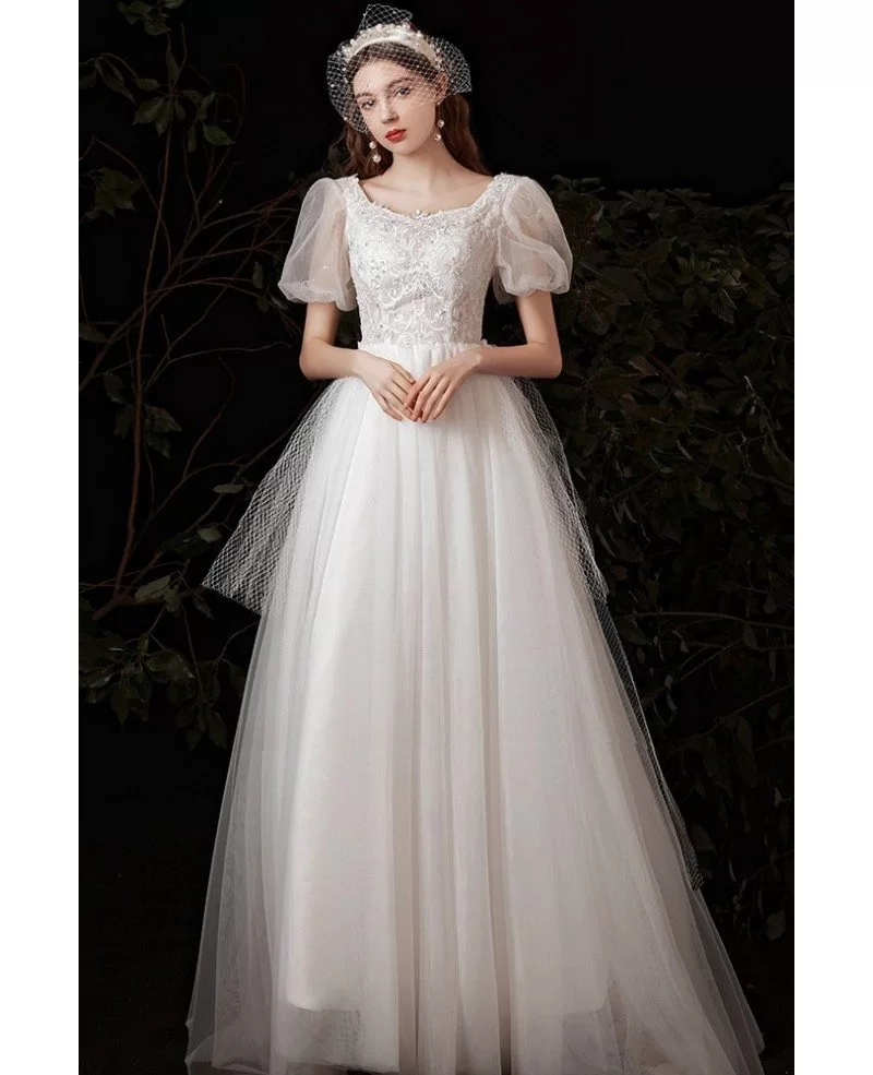 Beautiful Tulle Long Wedding Dress Beaded with Bubble Sleeves G78016 ...