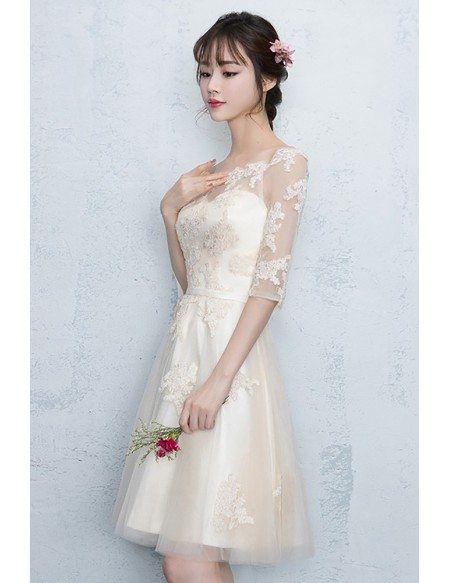 Champagne Lace Short Homecoming Party Dress with Appliques Half Sleeves