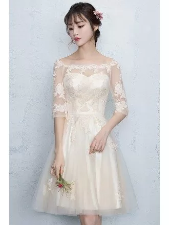 Champagne Lace Short Homecoming Party Dress with Appliques Half Sleeves