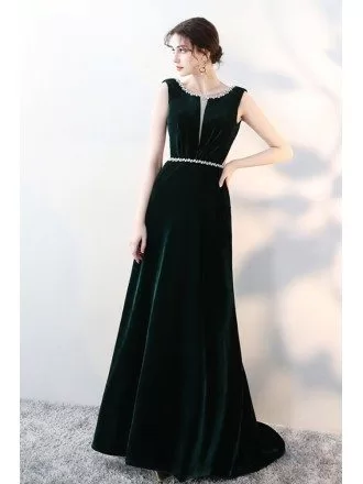 Formal Dark Green Velvet Evening Dress with Beaded Waist Neckline