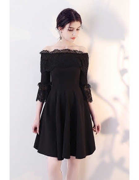 Little Black Aline Homecoming Dress with Lace Off Shoulder Sleeves