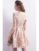 Modest Champagne Lace Short Homecoming Dress Round Neck with Sleeves
