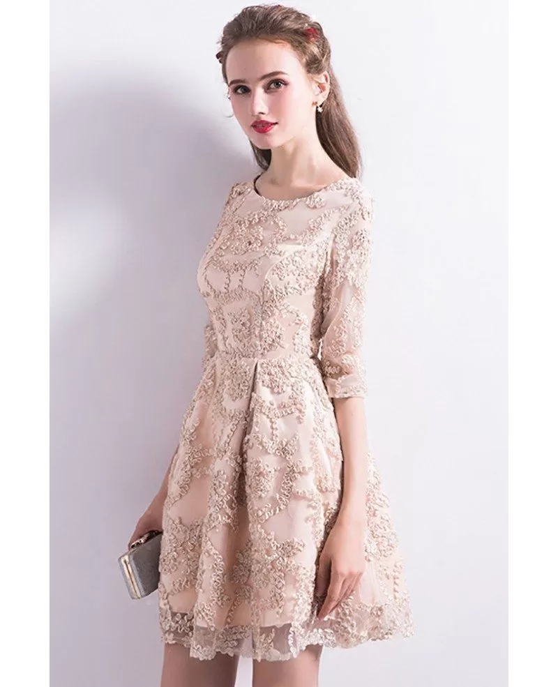 Modest Champagne Lace Short Homecoming Dress Round Neck with Sleeves ...