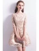 Modest Champagne Lace Short Homecoming Dress Round Neck with Sleeves