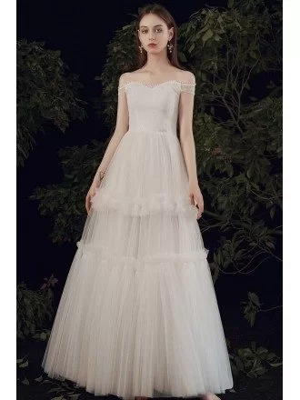 Cute Off Shoulder Empire Tulle Wedding Dress with Laceup
