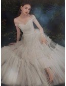 Cute Off Shoulder Empire Tulle Wedding Dress with Laceup