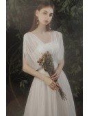 Bohemian Vneck Pleated Chiffon Wedding Party Dress with Dolman Sleeves