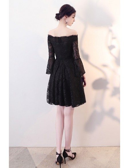 Little Black Lace Homecoming Dress with Off Shoulder Sleeves