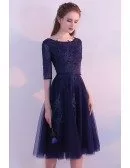 Navy Blue Tulle Homecoming Dress Knee Length with Half Sleeves