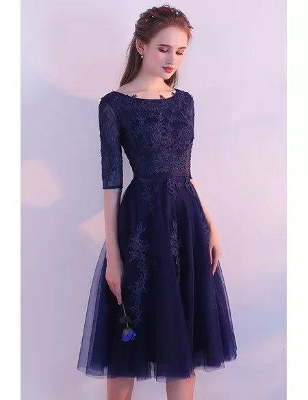 Navy Blue Tulle Homecoming Dress Knee Length with Half Sleeves