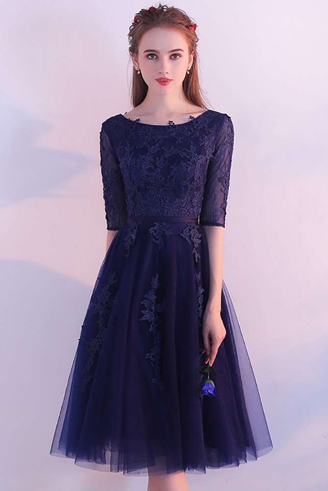 Navy Blue Tulle Homecoming Dress Knee Length with Half Sleeves G79132 ...